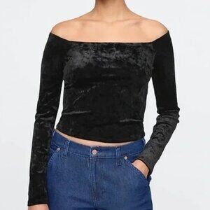 GAP Velvet Cropped Off Shoulder Top Black NWT